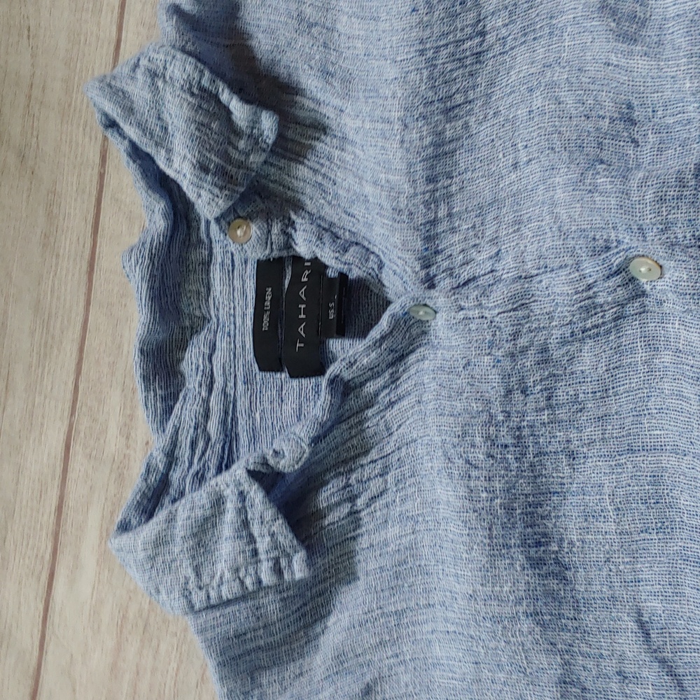 Blue Crinkled Linen Button-Up Shirt Tunic Length Coastal - Picture 5 of 9